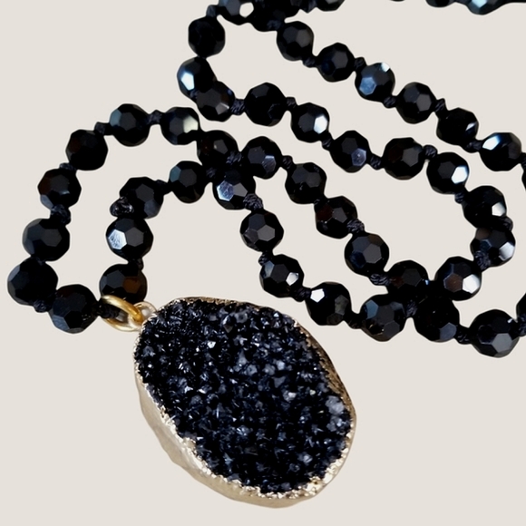 Hand Crafted Glass Bead Necklace With Natural Black Druzy Crystal Pendant - Picture 10 of 16